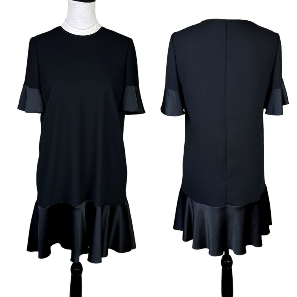 Red Valentino Black Ruffle Short Sleeve White Trim Collar Ruffle Hem Mini Dress